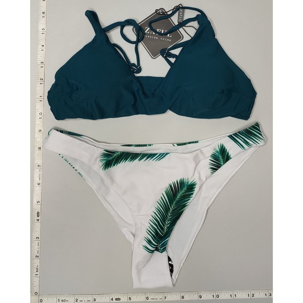 NWT ZAFUL Small Tankini high cut Blue Palm print bikini set